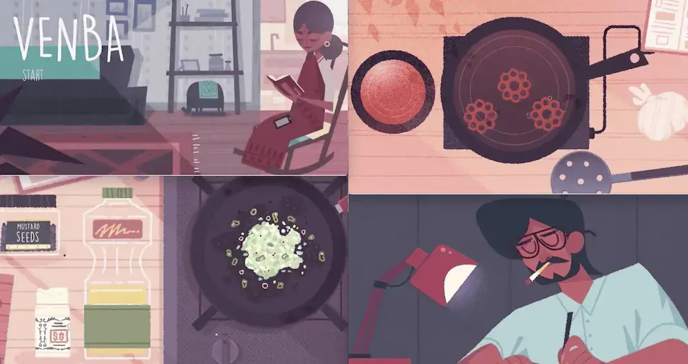 Screenshots of cooking and narrative in Venba game