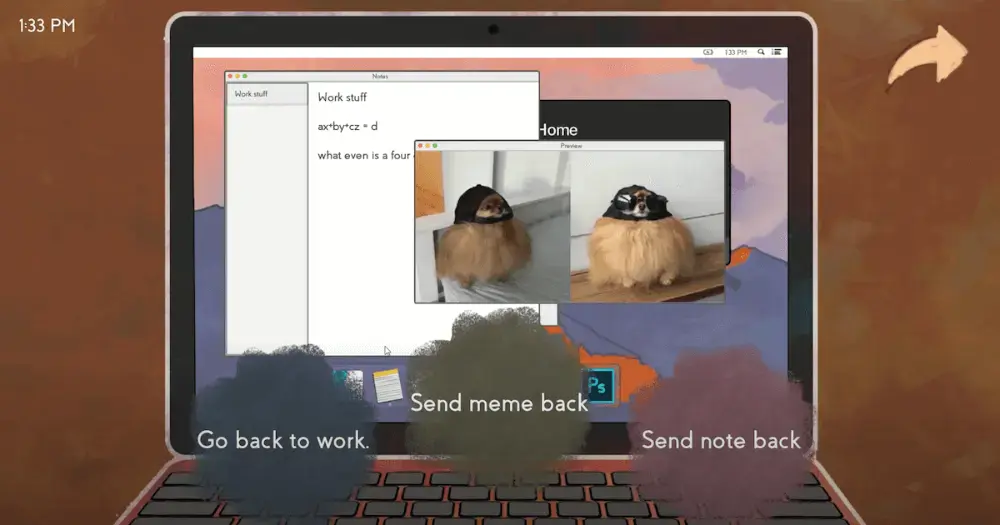 gif of player trying to do work on her Macbook but getting distracted with AirDrops from a stranger in visual novel missed messages