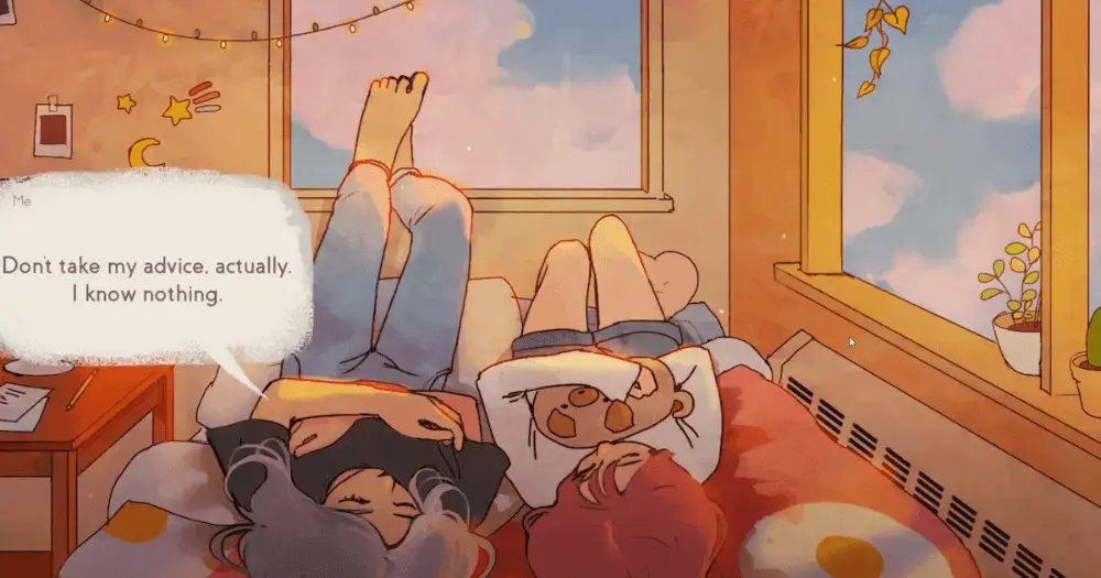 Roommates laying down talking about life and everything in between in visual novel missed messages
