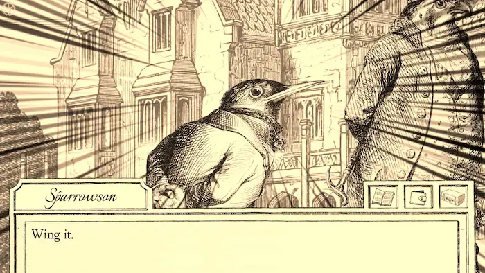 Sparrowson's reaction and dialogue with the pun: "Wing it"