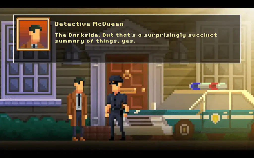 Detective McQueen and Dooley outside of the library talking