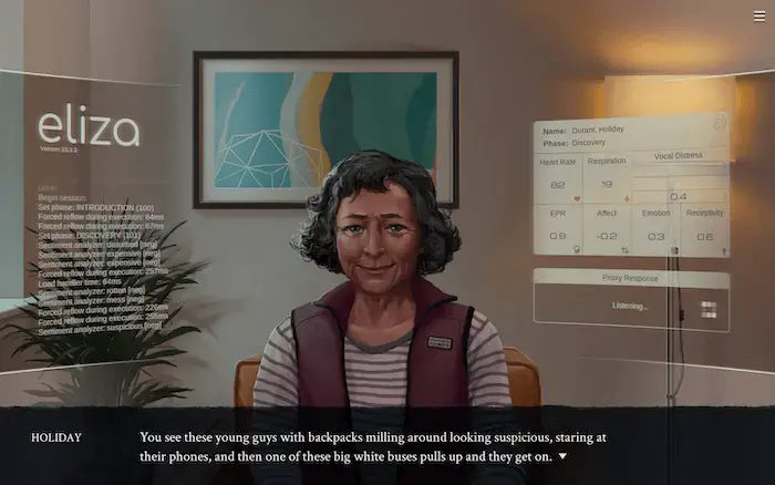 The patient, Holiday, in Eliza talking to the proxy, Evelyn, in a counseling session