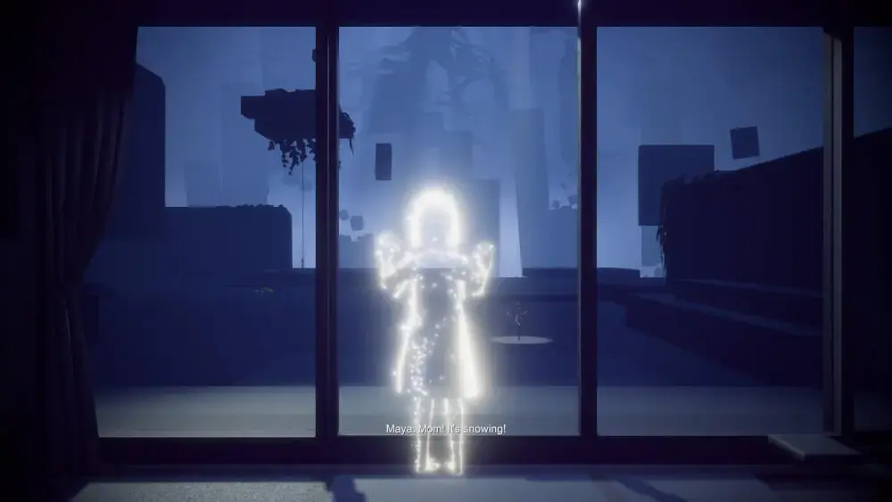 Darker atmosphere, Maya looks out the glass door