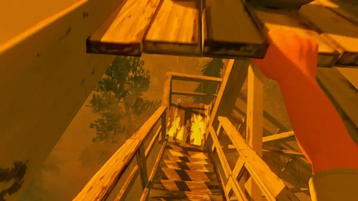 Henry grabbing the boarding on his way down the tower