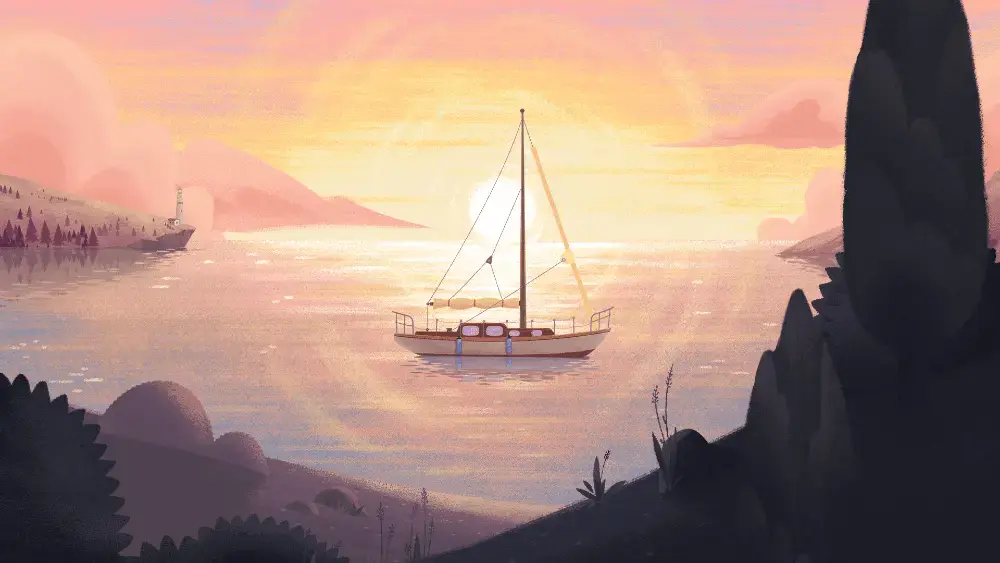 Sunset and sailboat in Old Man's Journey
