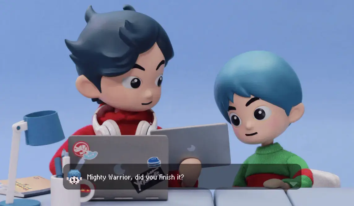 Hiroshi asking Takeshi if his Mighty Warrior game is done