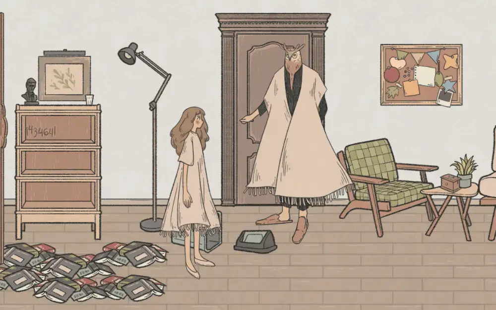 The girl and her partner with an owl mask on in front of a door