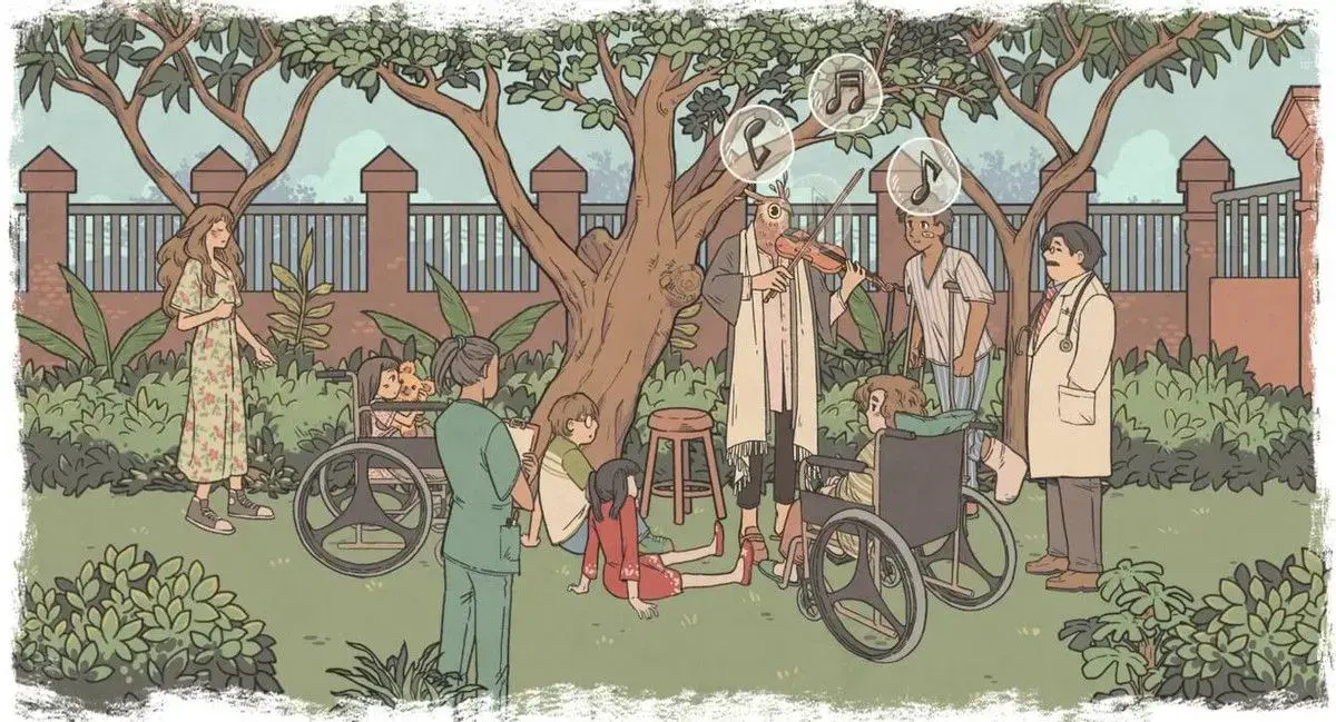Eda listens with her eyes closed to Owl playing on the violin for pediactric clinic patients gathered in the garden