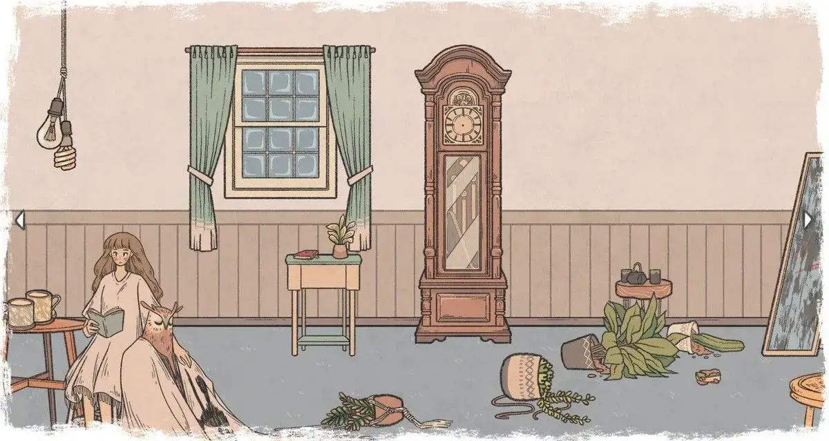 Eda and Owl sit together in the midst of a chaotic house with knocked over plants and books.