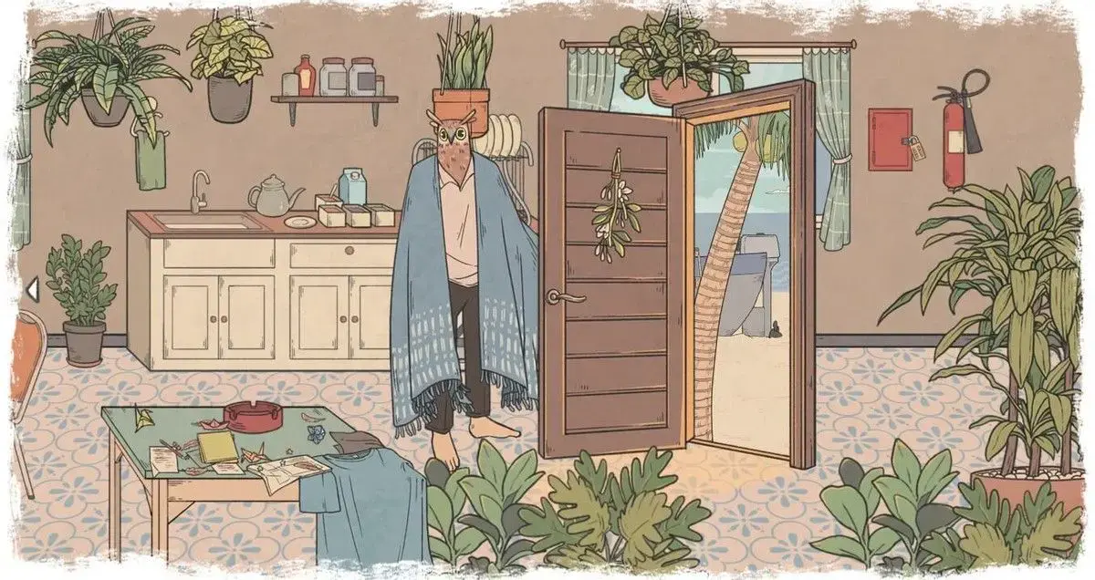 Owl looks at Eda and stands to the left of an open door in the house which looks like it leads to the beach.