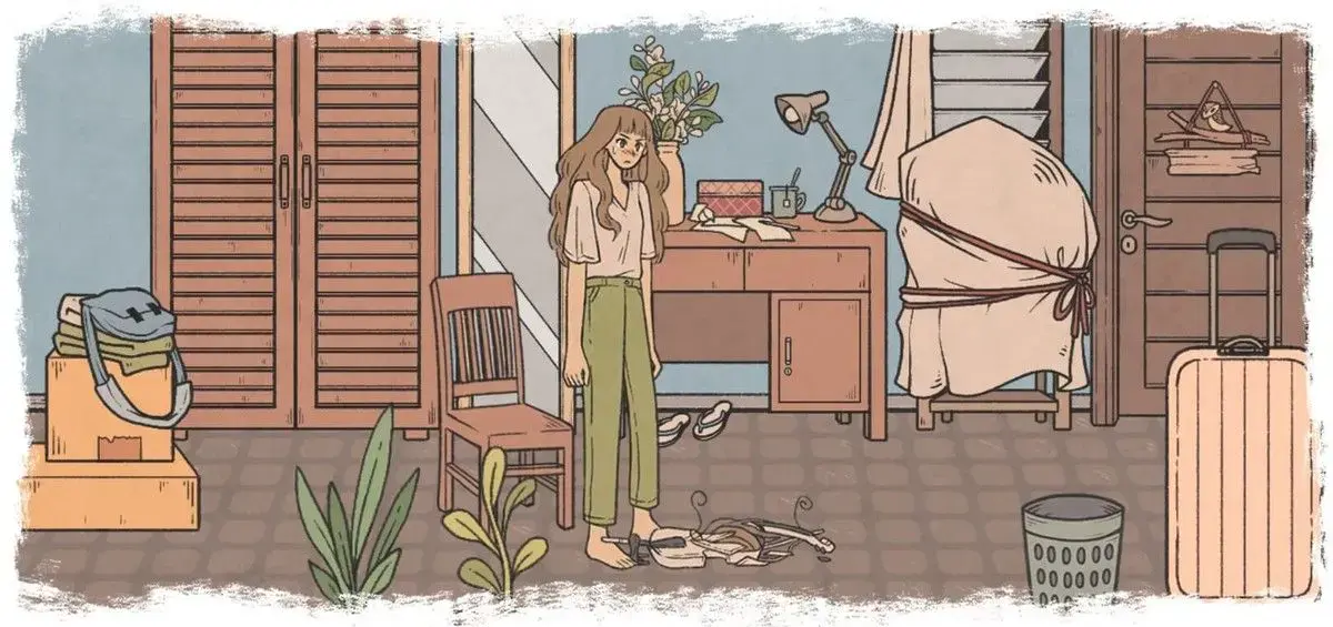 Eda, in her room, is angry and has thrown her violin to the ground, shattering it.