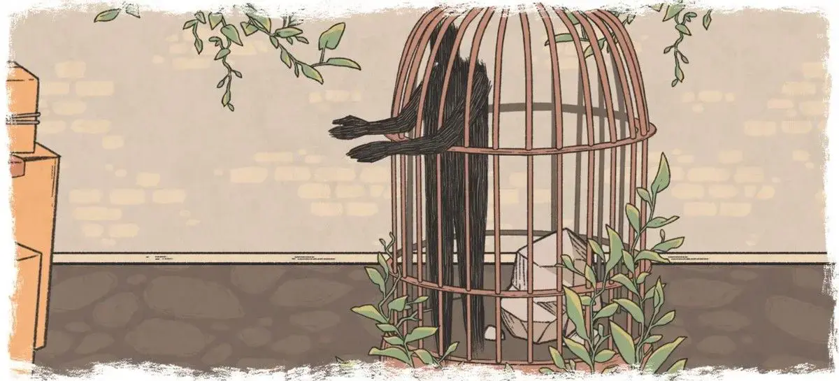 The shadow of a man is trapped in a bird cage, holding out his arms.