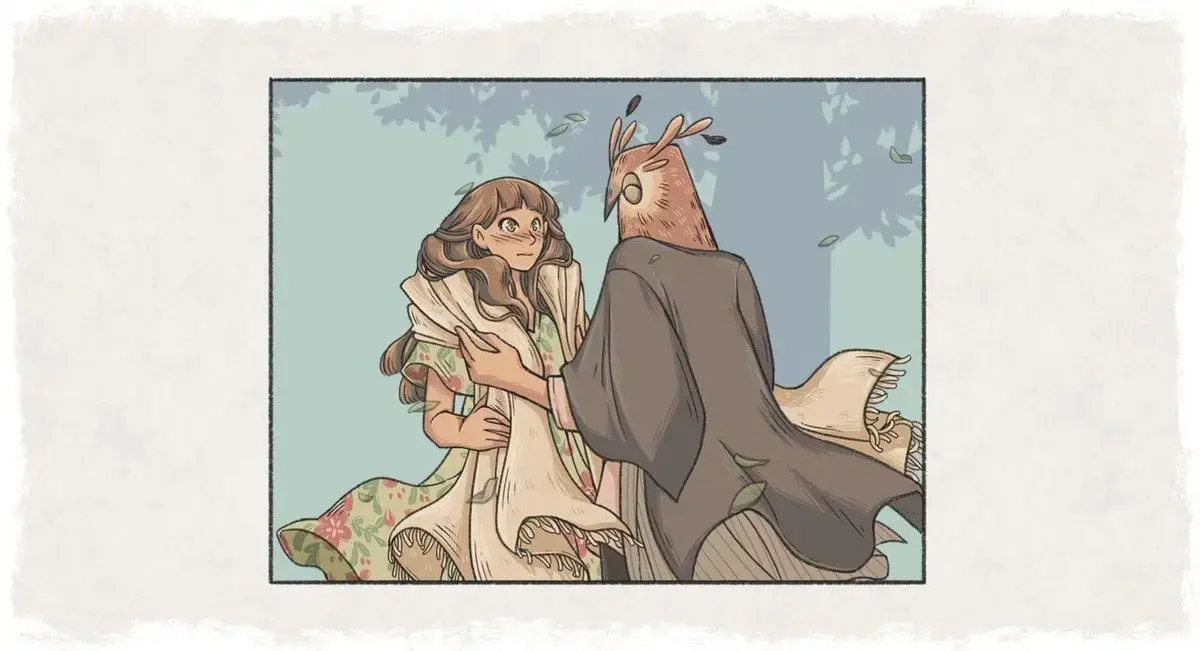 Owl wraps a big warm scarf around Eda as a breeze blows leaves by.