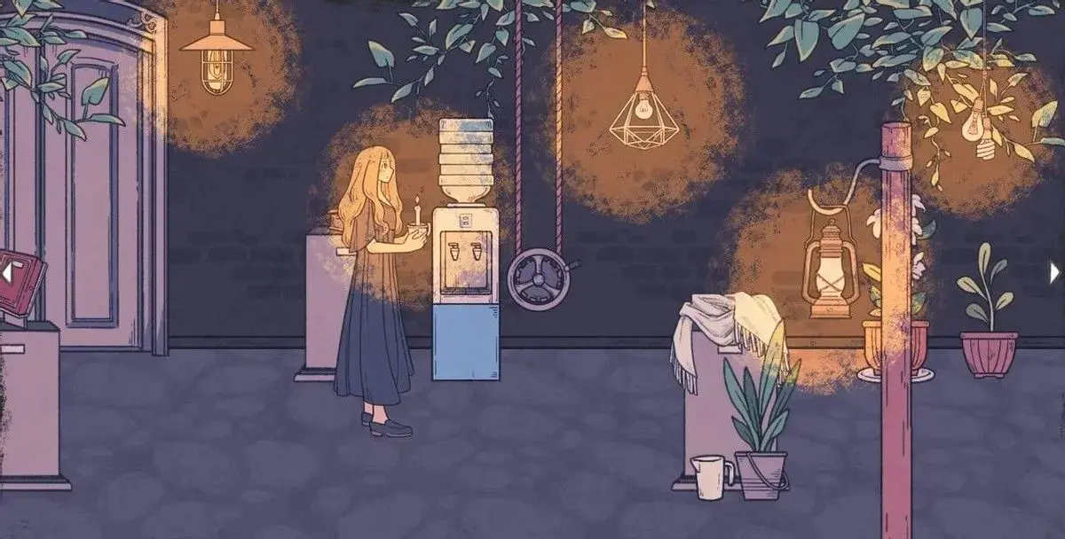 In a black dress, Eda stands with a candle in a dark room with several lit lamps.