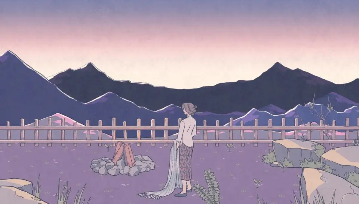 Eda looks into the sunset purple sky, next to a campfire, holding a scarf.